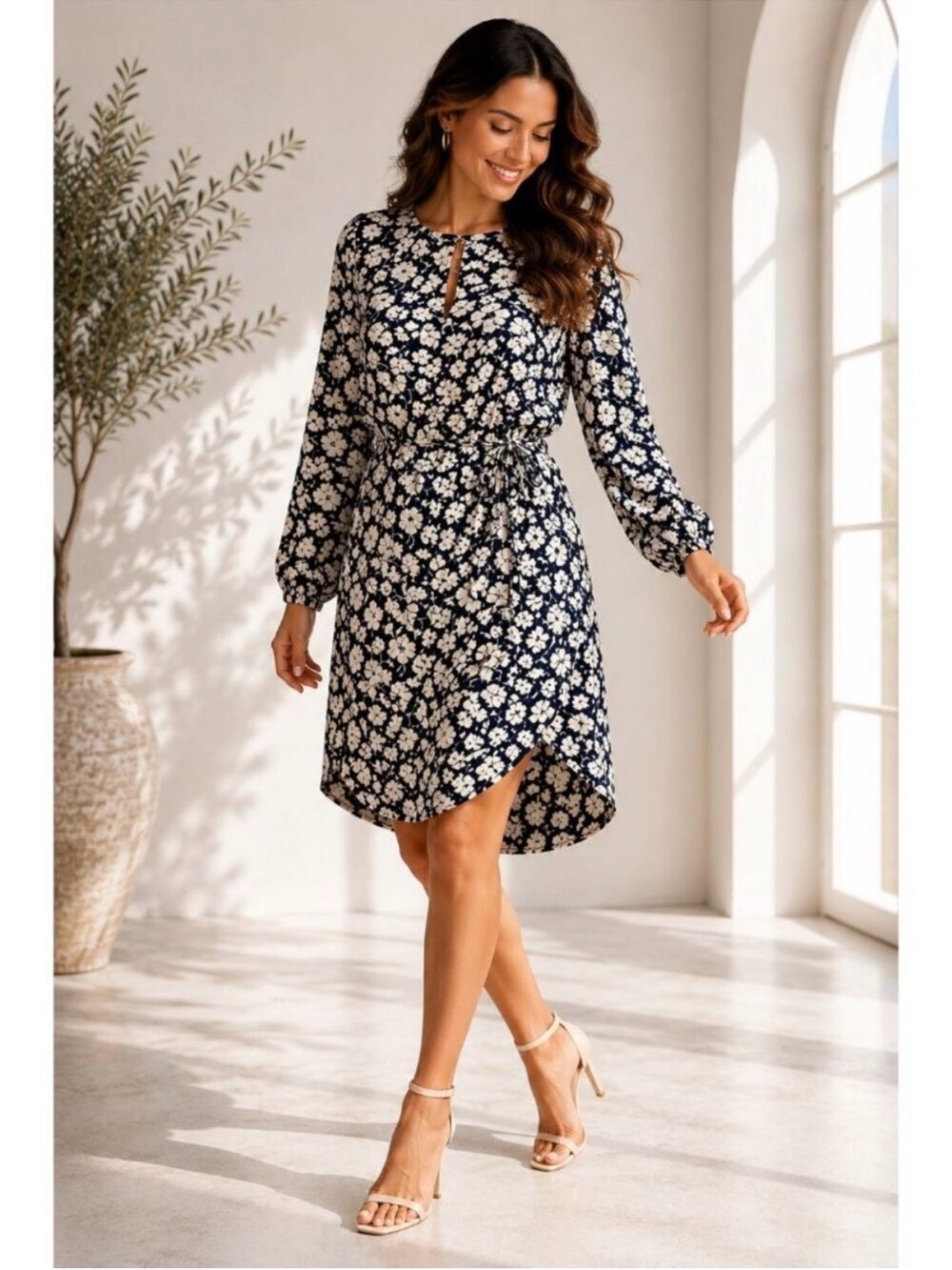 Ralph Lauren Navy and White Floral Tie-Waist Long Sleeve Dress